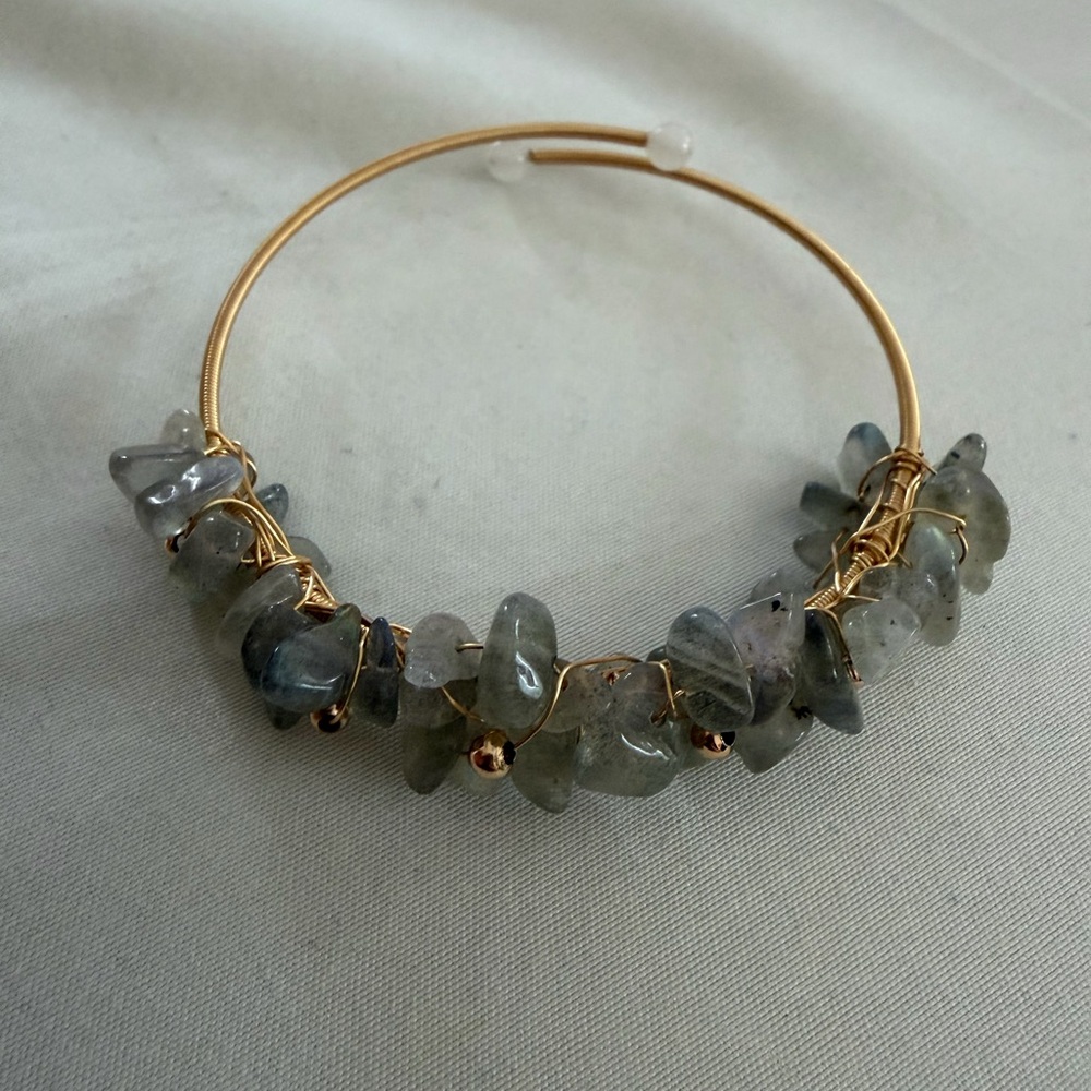 Handmade Labradorite Chip Stone Wire-Wrapped Bangle Bracelet – Adjustable